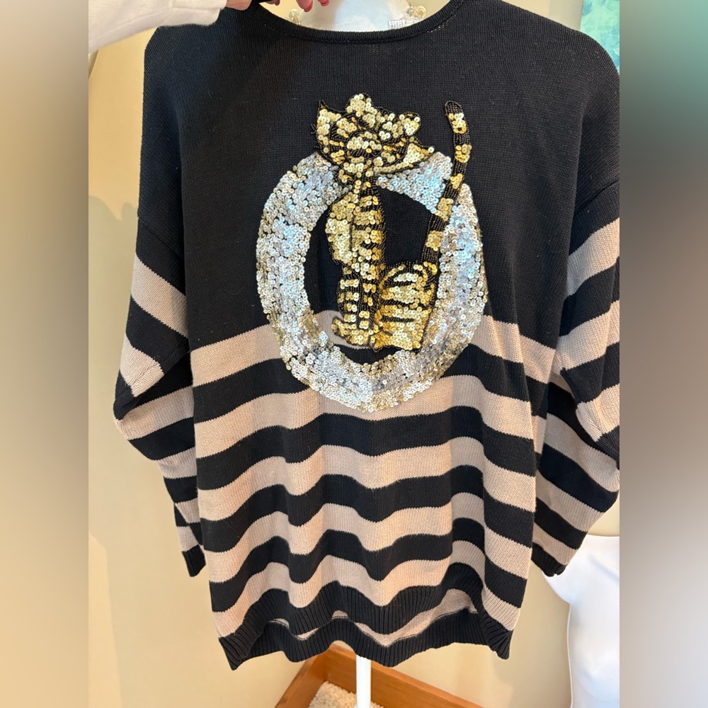 Vintage L’eau Vive Black Sweater Gold Sequin Cat Tan Stripes 🐈 Oversized Medium
